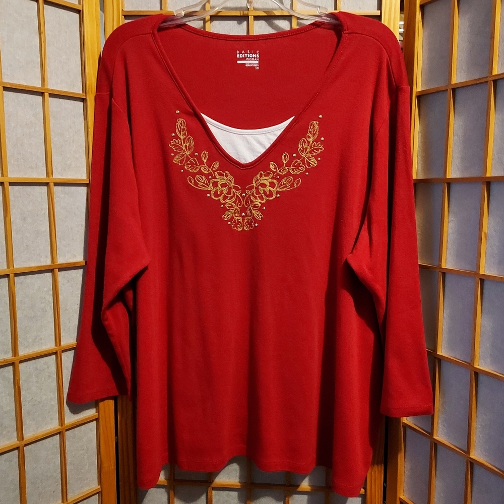 🌟 Basic Editions Filigree Floral red gold rhinestone long sleeve women's 3X